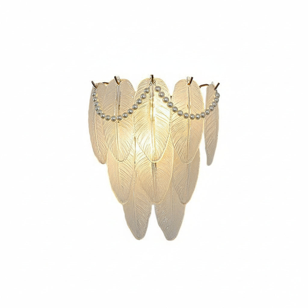 Freyza - Glass Wall Sconce – French Leaf Feather Pearl Gold (E14 Dimming & 31x34cm)