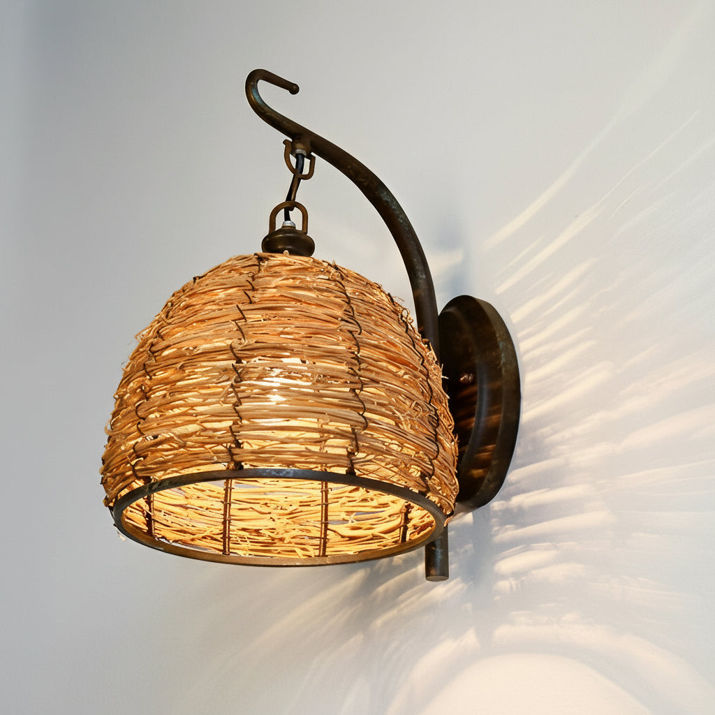 Freyza - LED Wall Sconce Light – Boho Hand-Woven Rattan Iron (33x20cm / 13.0x8.0in)