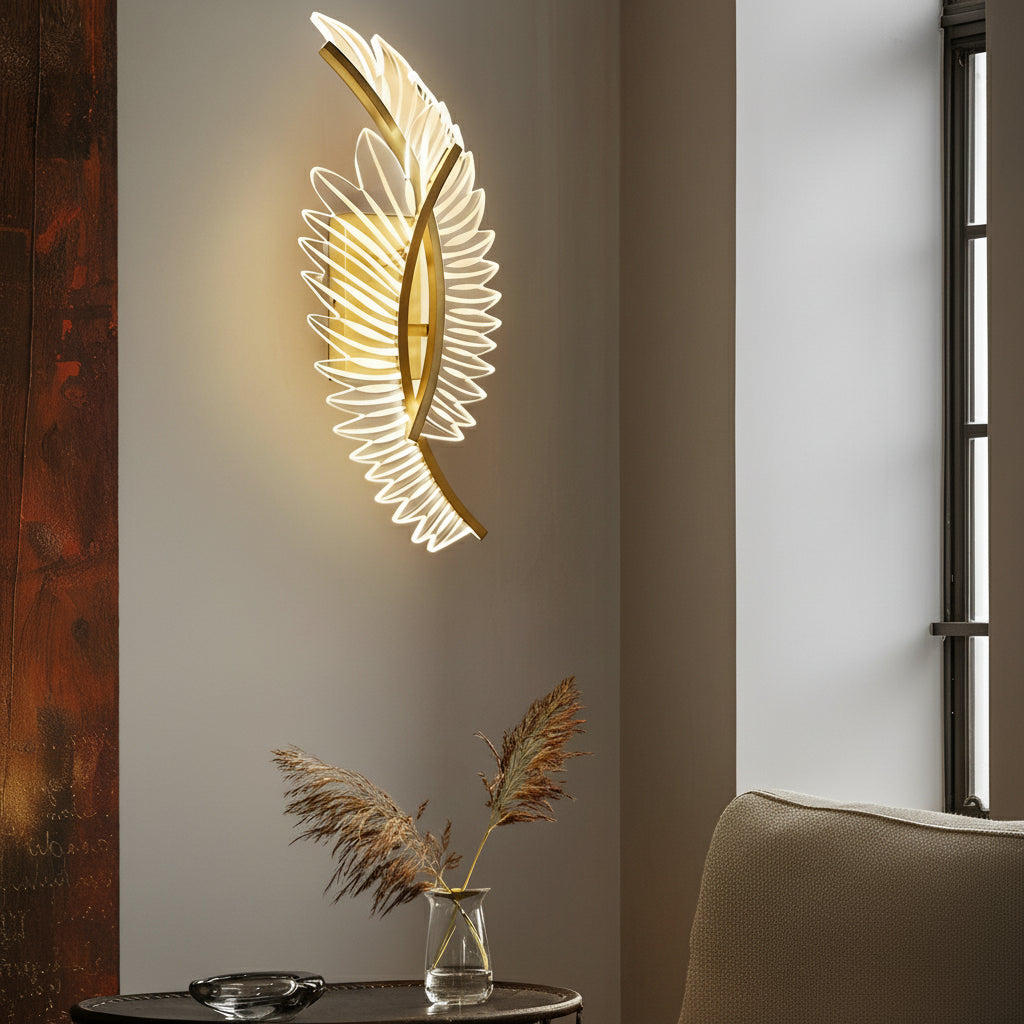Freyza - LED Wall Sconce Light – Modern Acrylic Feather Copper Leaf (40x15cm / 15.7x5.9in)