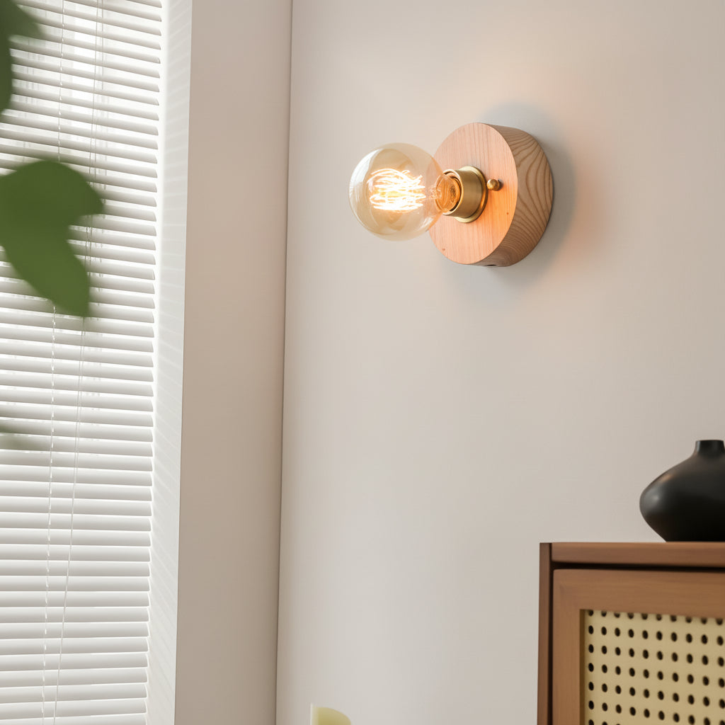 Freyza - Mid-Century Walnut Wood Wall Sconce – Vintage Bedside Wall Lamp with Pull Chain (E27)