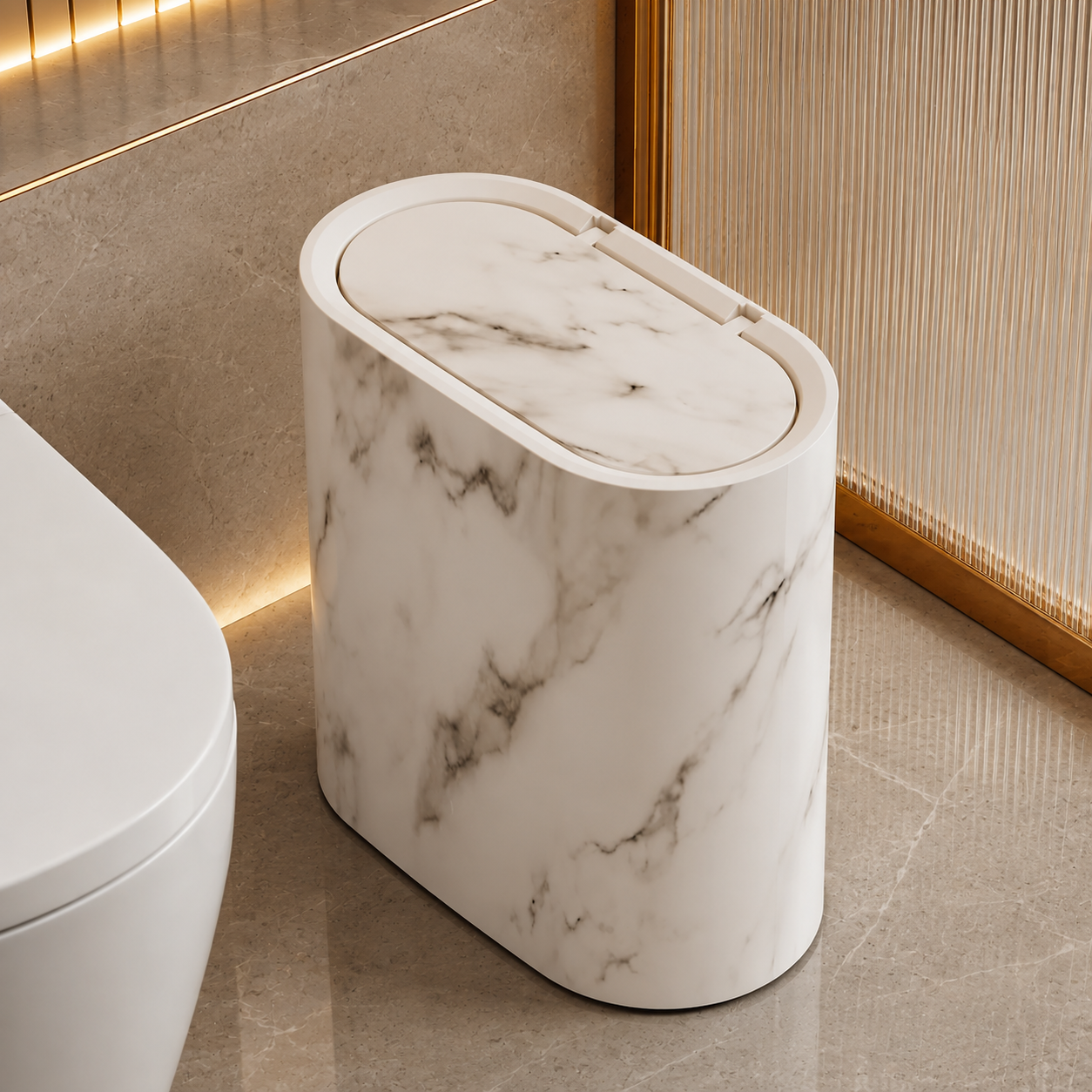 Trash Can with Lid, Marble Finish | Oval Slim Bathroom & Kitchen Bin