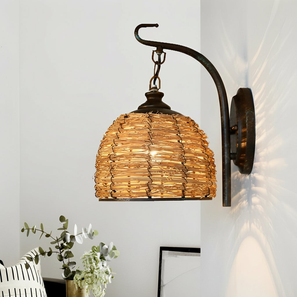 Freyza - LED Wall Sconce Light – Boho Hand-Woven Rattan Iron (33x20cm / 13.0x8.0in)