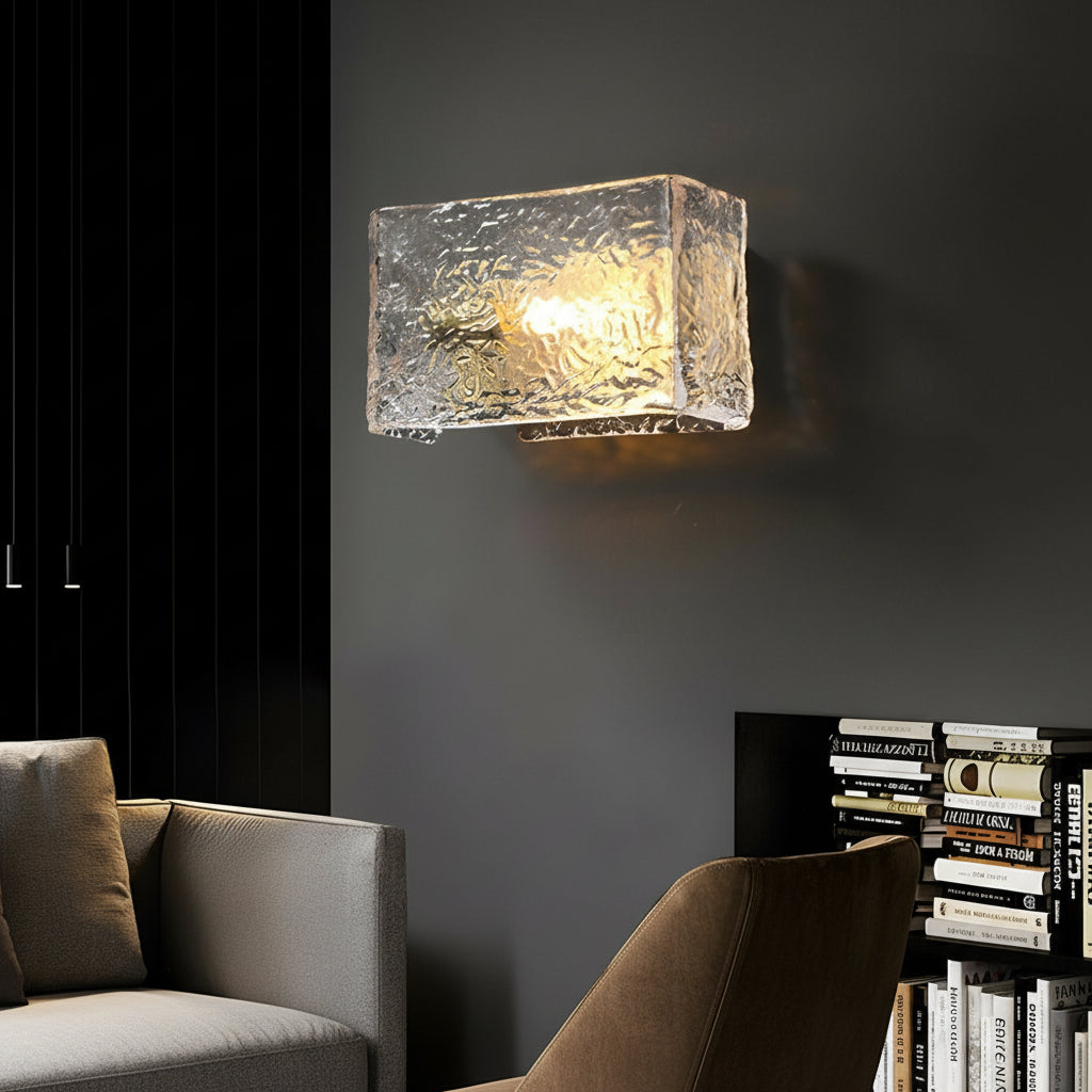 Freyza - LED Wall Sconce Light – Modern Rectangular Brass Ripple Glass (20x15cm / 7.9x5.9in)