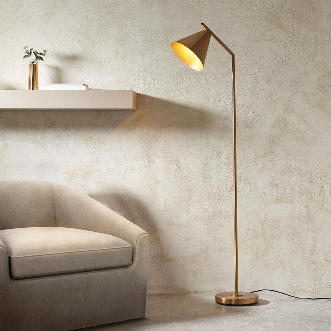 Freyza – Antique Brass Task Floor Lamp | Adjustable Reading Light with Metal Base and Fabric Shade