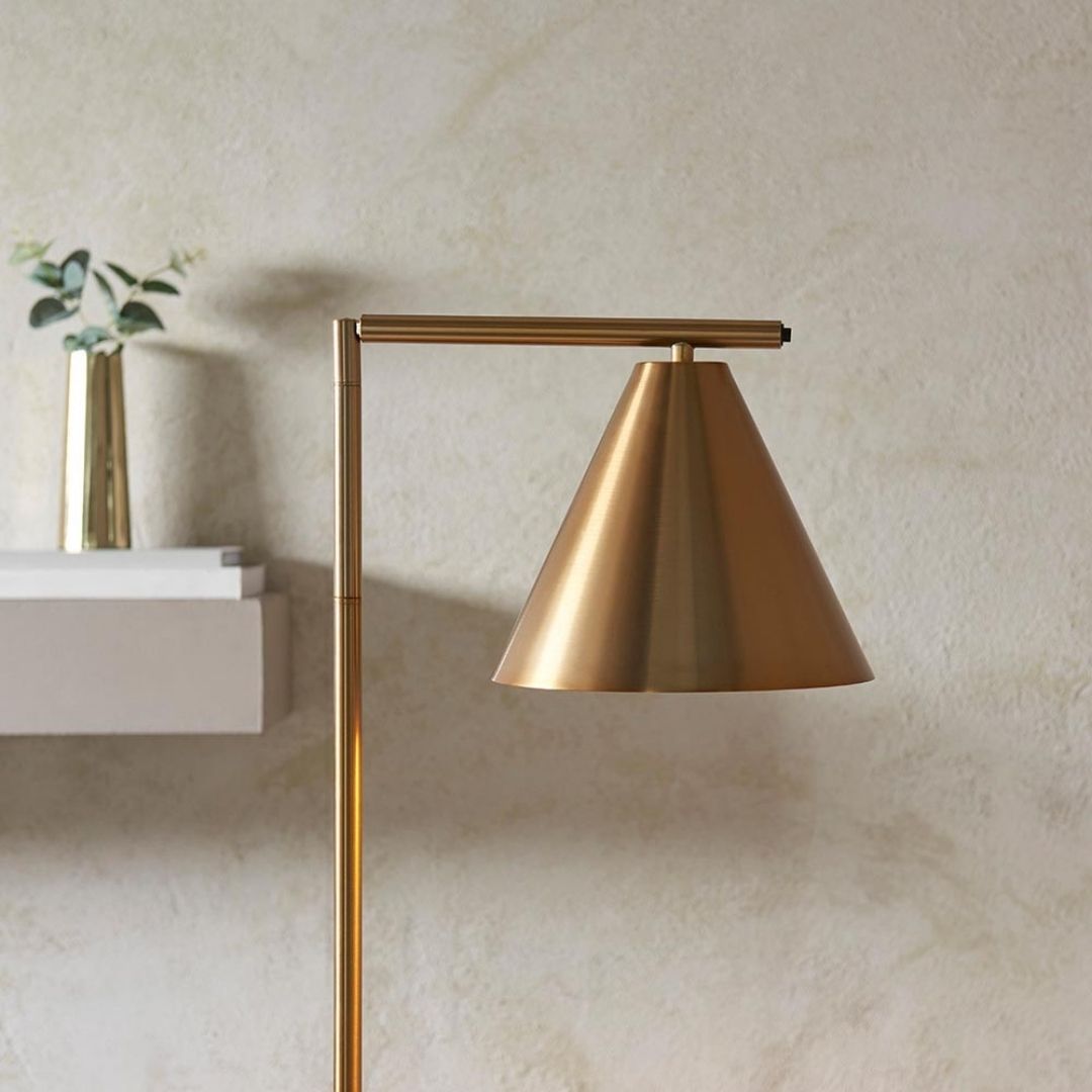 Freyza – Antique Brass Task Floor Lamp | Adjustable Reading Light with Metal Base and Fabric Shade