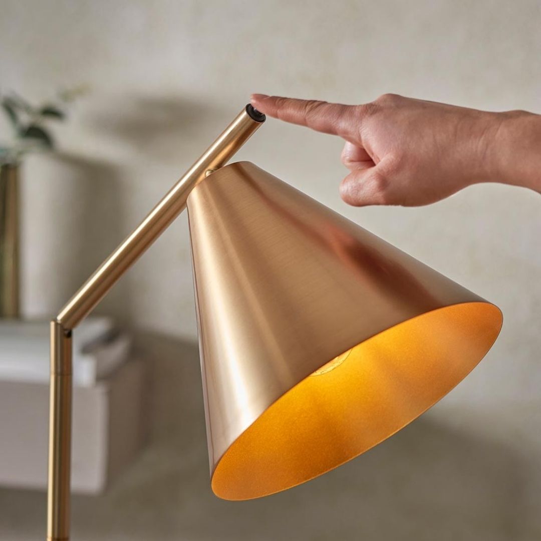 Freyza – Antique Brass Task Floor Lamp | Adjustable Reading Light with Metal Base and Fabric Shade