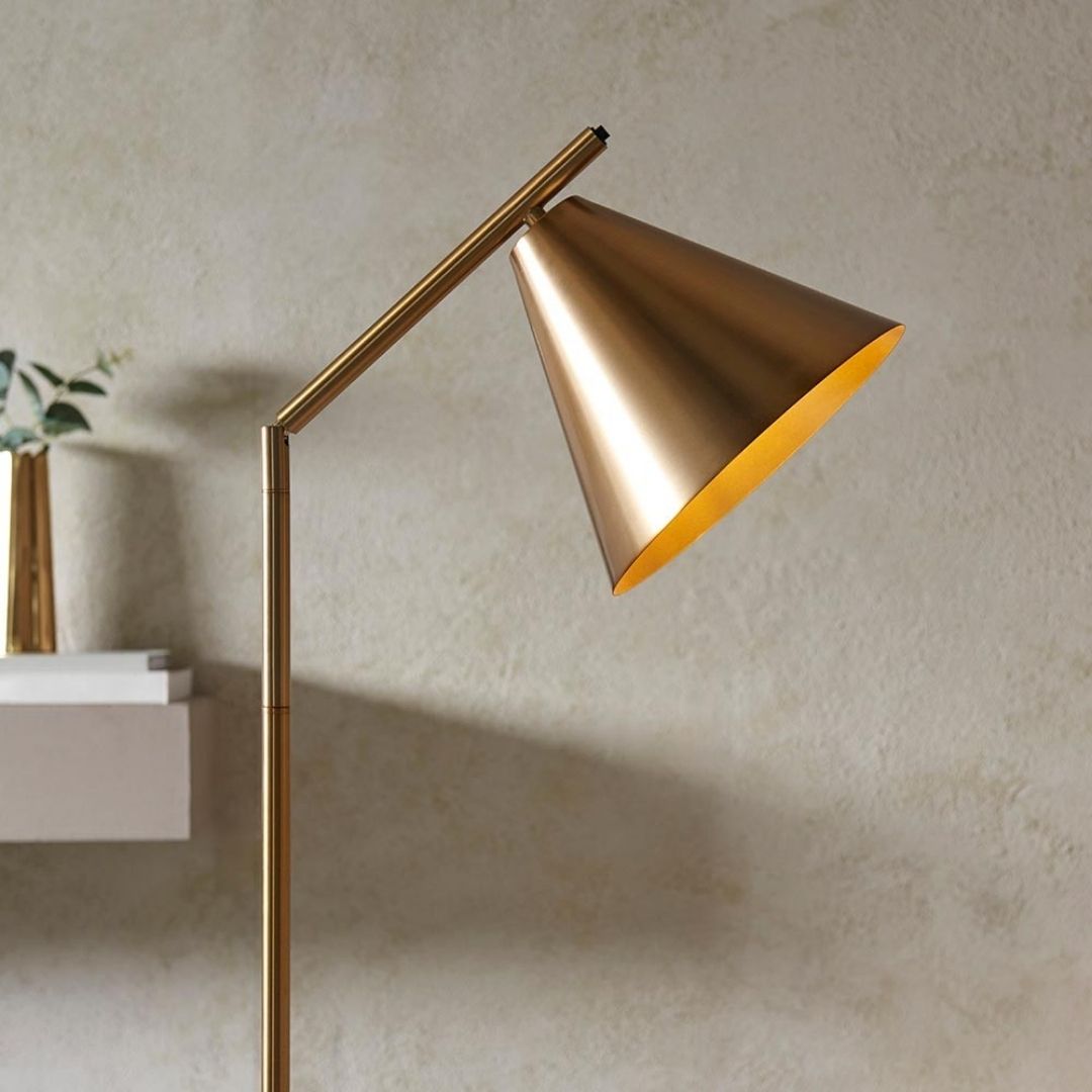 Freyza – Antique Brass Task Floor Lamp | Adjustable Reading Light with Metal Base and Fabric Shade