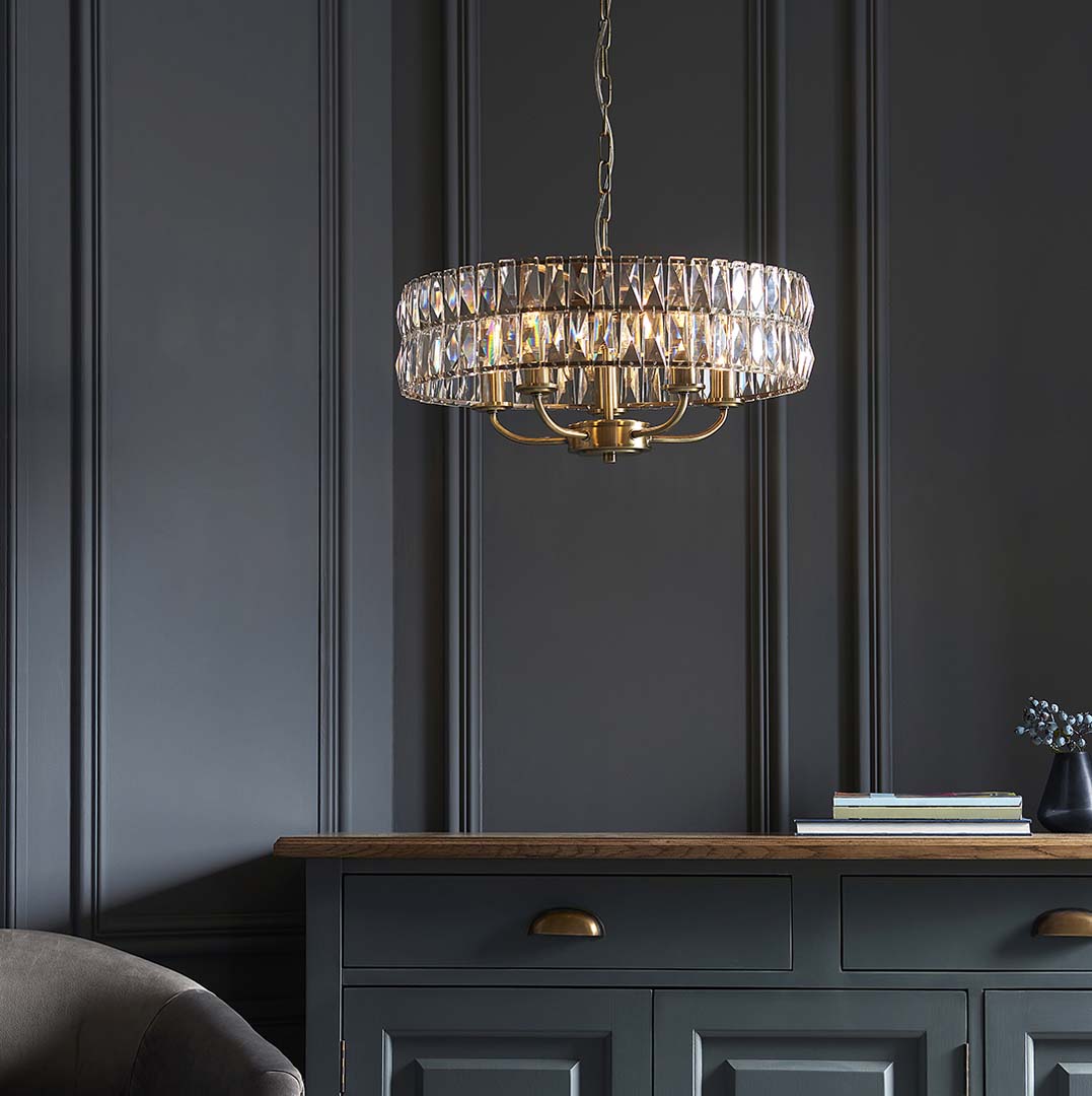 Freyza - Clifton 5 Light Antique Brass Pendant Ceiling Light