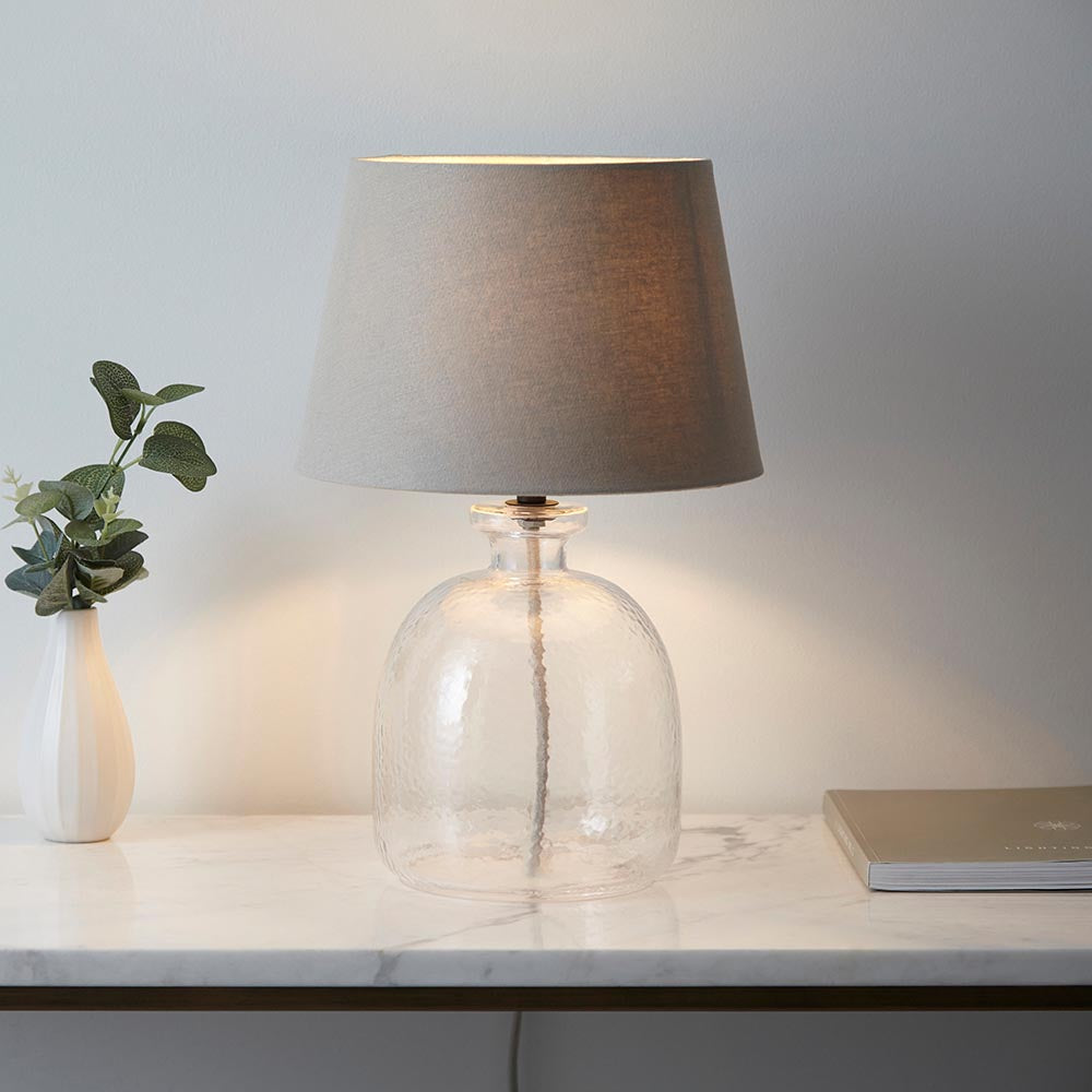 Freyza - Hammered Glass Table Lamp | Textured Clear Glass with Matt Black Metal Accents | Modern Classic Lighting with Grey Fabric Shade