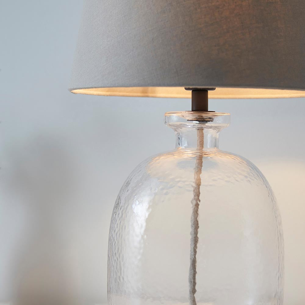 Freyza - Hammered Glass Table Lamp | Textured Clear Glass with Matt Black Metal Accents | Modern Classic Lighting with Grey Fabric Shade