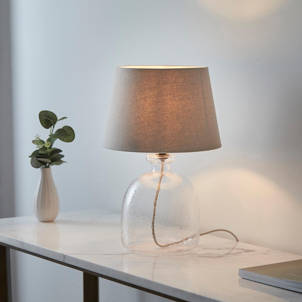 Freyza - Hammered Glass Table Lamp | Textured Clear Glass with Matt Black Metal Accents | Modern Classic Lighting with Grey Fabric Shade