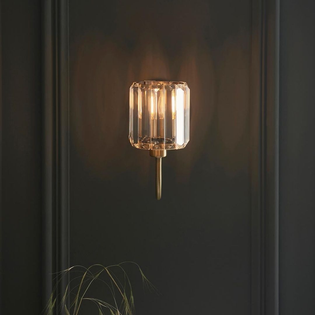 Freyza - Berenice Antique Brass Wall Light with Faceted Glass Shade