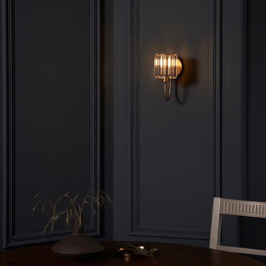 Freyza - Berenice Antique Brass Wall Light with Faceted Glass Shade