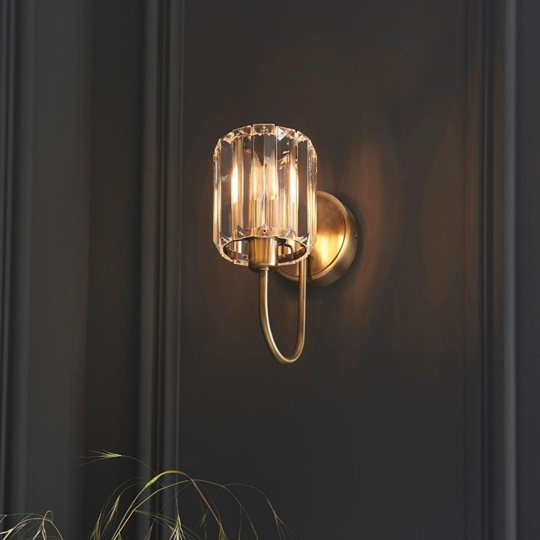 Freyza - Berenice Antique Brass Wall Light with Faceted Glass Shade