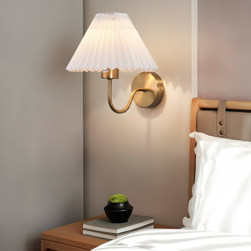 Freyza - LED Wall Sconce Light – Vintage Metallic Armed Pleated Fabric Shade (36x14cm / 14.2x5.5in)