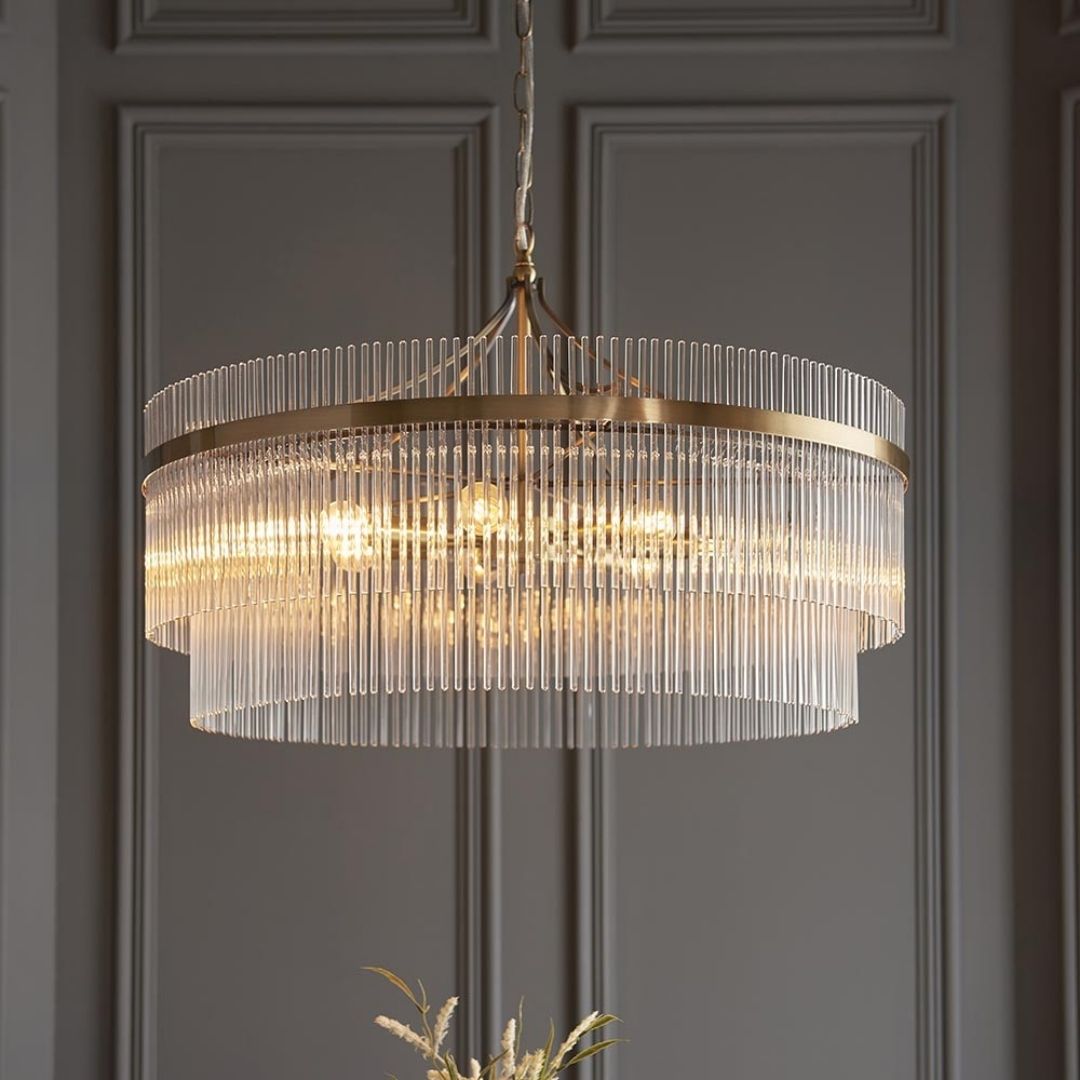 Freyza - Marietta 7 Light Antique Brass & Glass Pendant Ceiling Light