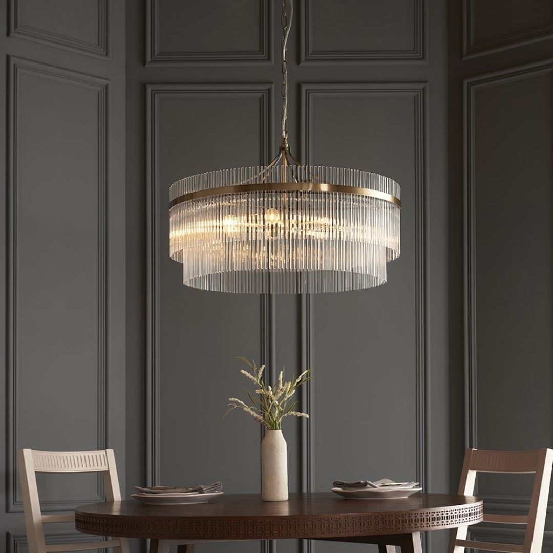 Freyza - Marietta 7 Light Antique Brass & Glass Pendant Ceiling Light