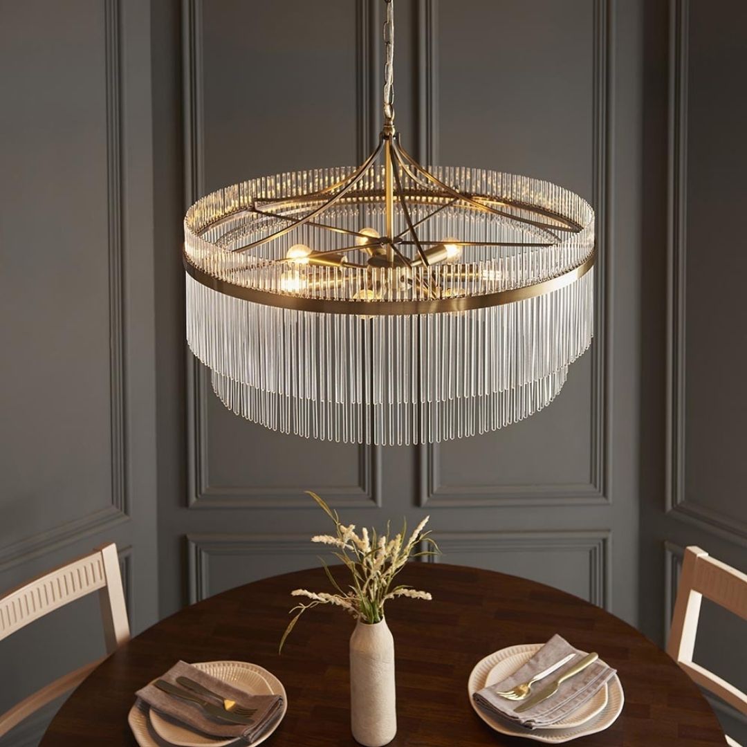 Freyza - Marietta 7 Light Antique Brass & Glass Pendant Ceiling Light