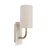Freyza – Tall Curved Antique Brass Wall Light | Vintage Brass-Plated Sconce with Marble-Effect Backplate and Linen Shade