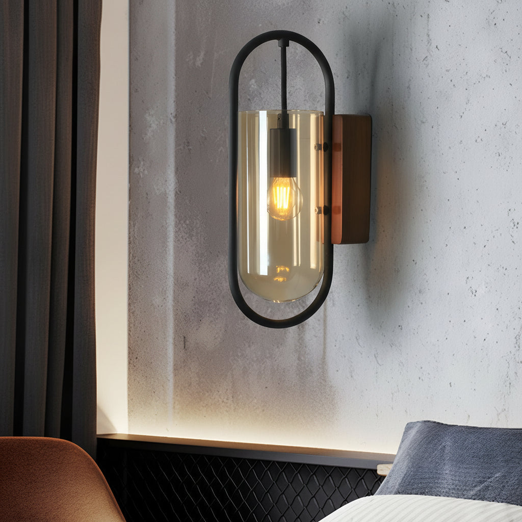 Freyza - LED Wall Sconce Light – Nordic Retro Wood Base Glass Shade (24x15cm / 9.4x5.9in)