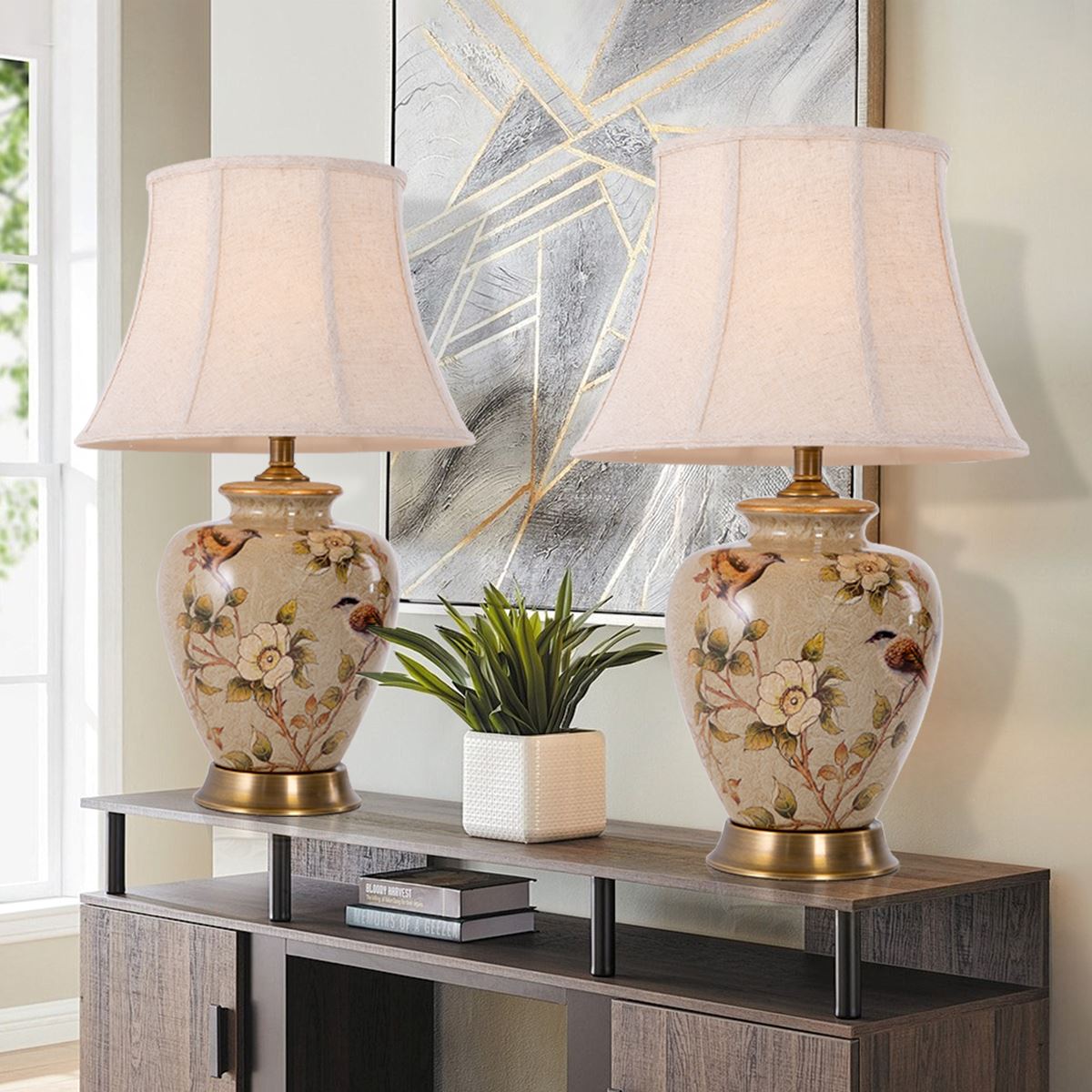Ceramica | Elegant Hand-Painted Vintage Bird-Pattern Table Lamp 6