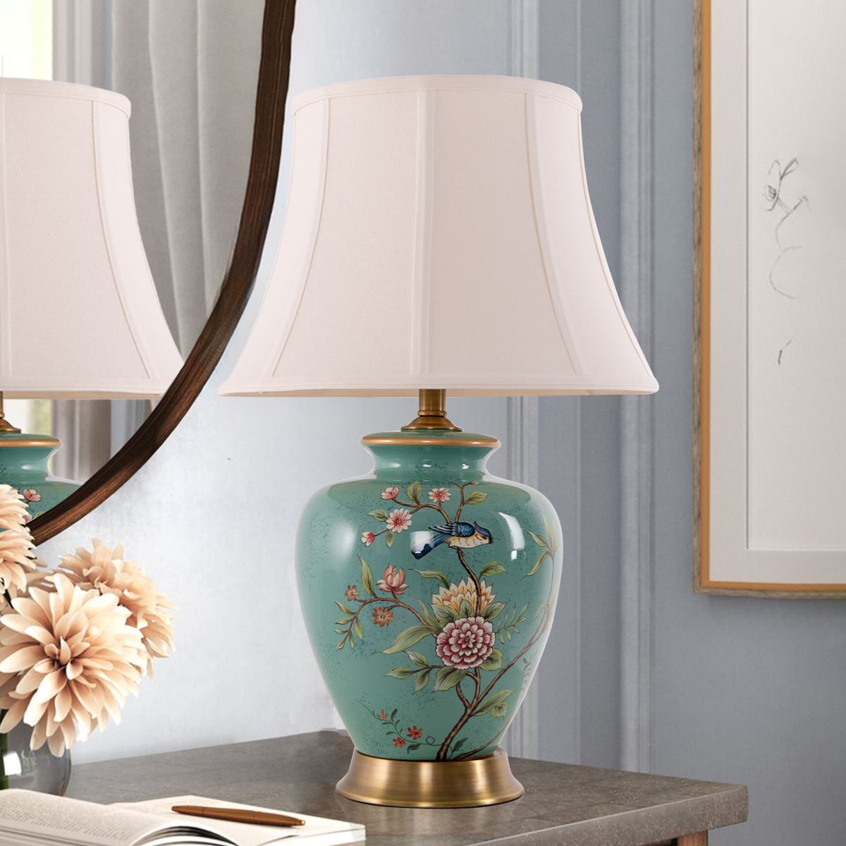 Ceramica | Elegant Hand-Painted Vintage Bird-Pattern Table Lamp 16