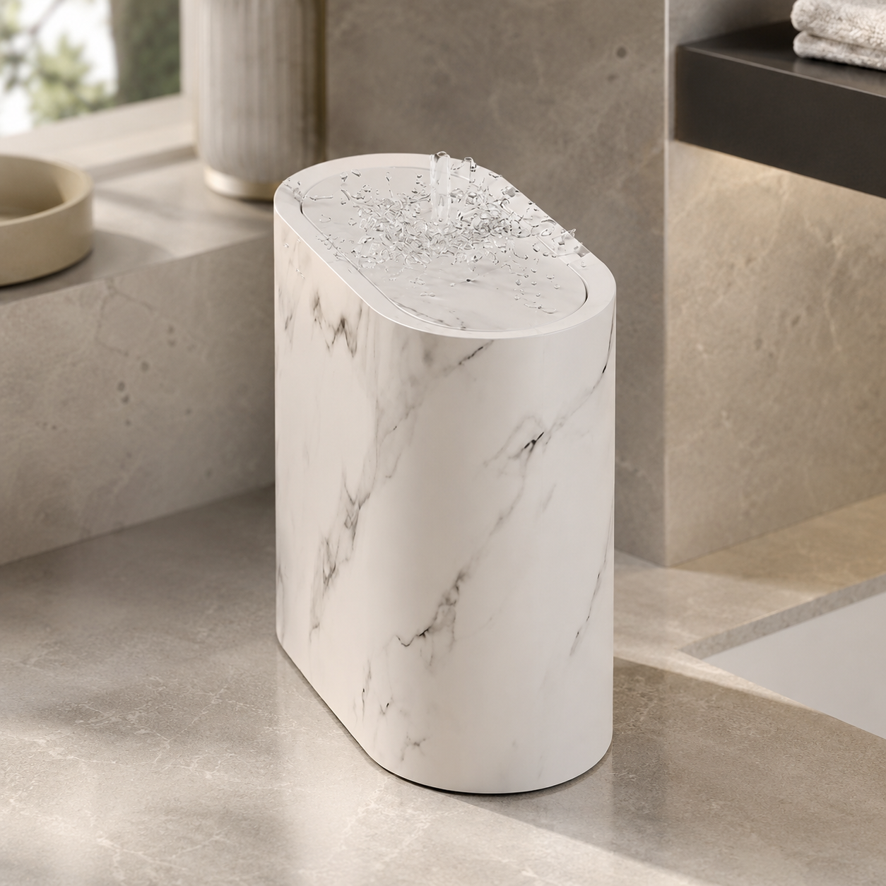 Trash Can with Lid, Marble Finish | Oval Slim Bathroom & Kitchen Bin