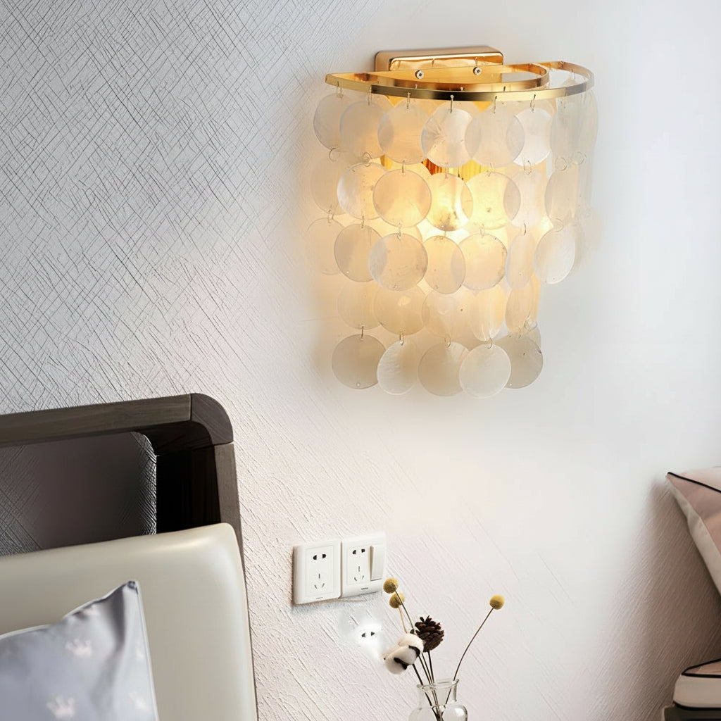 Freyza - Coastal Capiz Shell LED Wall Sconce – Natural Sea Shell Bedside Wall Lamp - Gold/Chrome