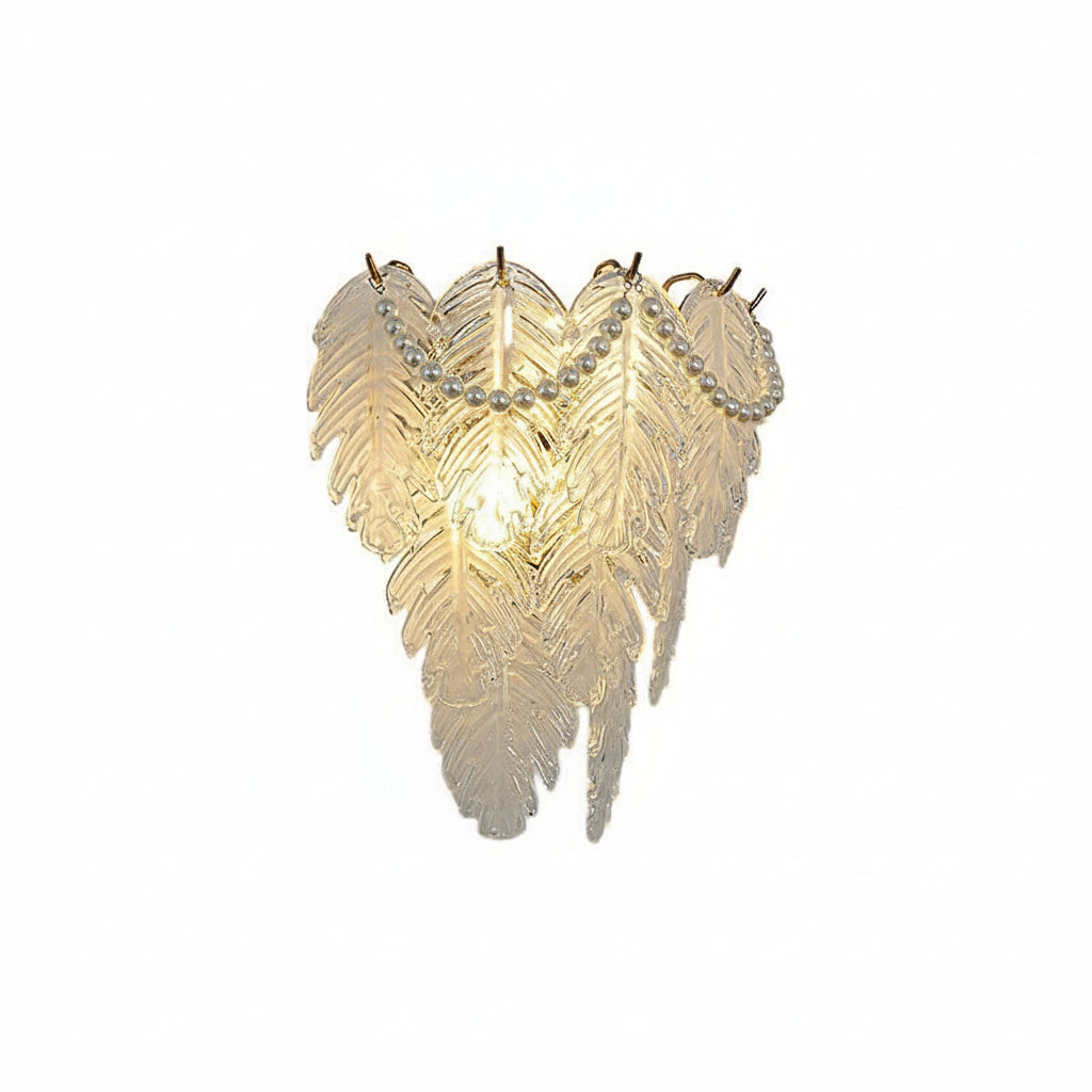 Freyza - Glass Wall Sconce – French Leaf Feather Pearl Gold (E14 Dimming & 31x34cm)