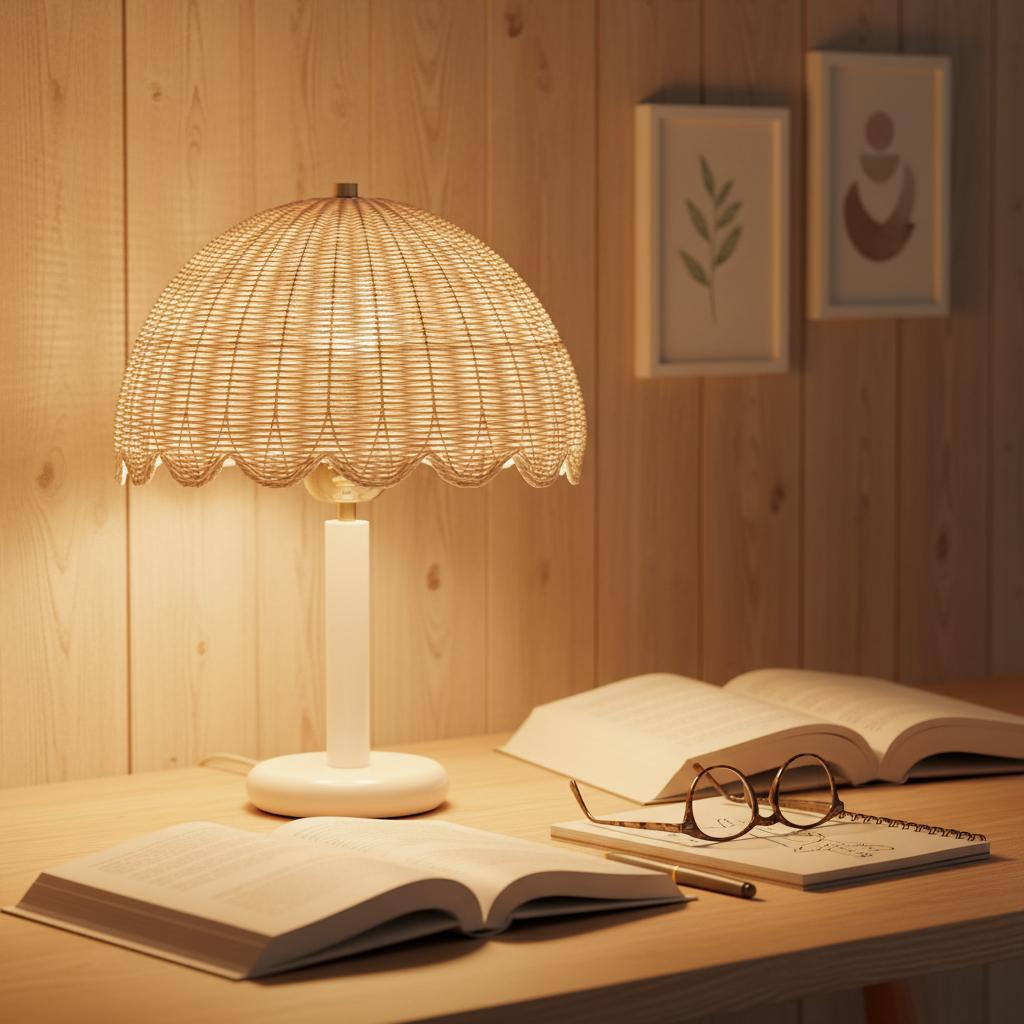 Freyza | Tischlampe aus Rattan und Holz – Nachttischlampe fürs Schlafzimmer