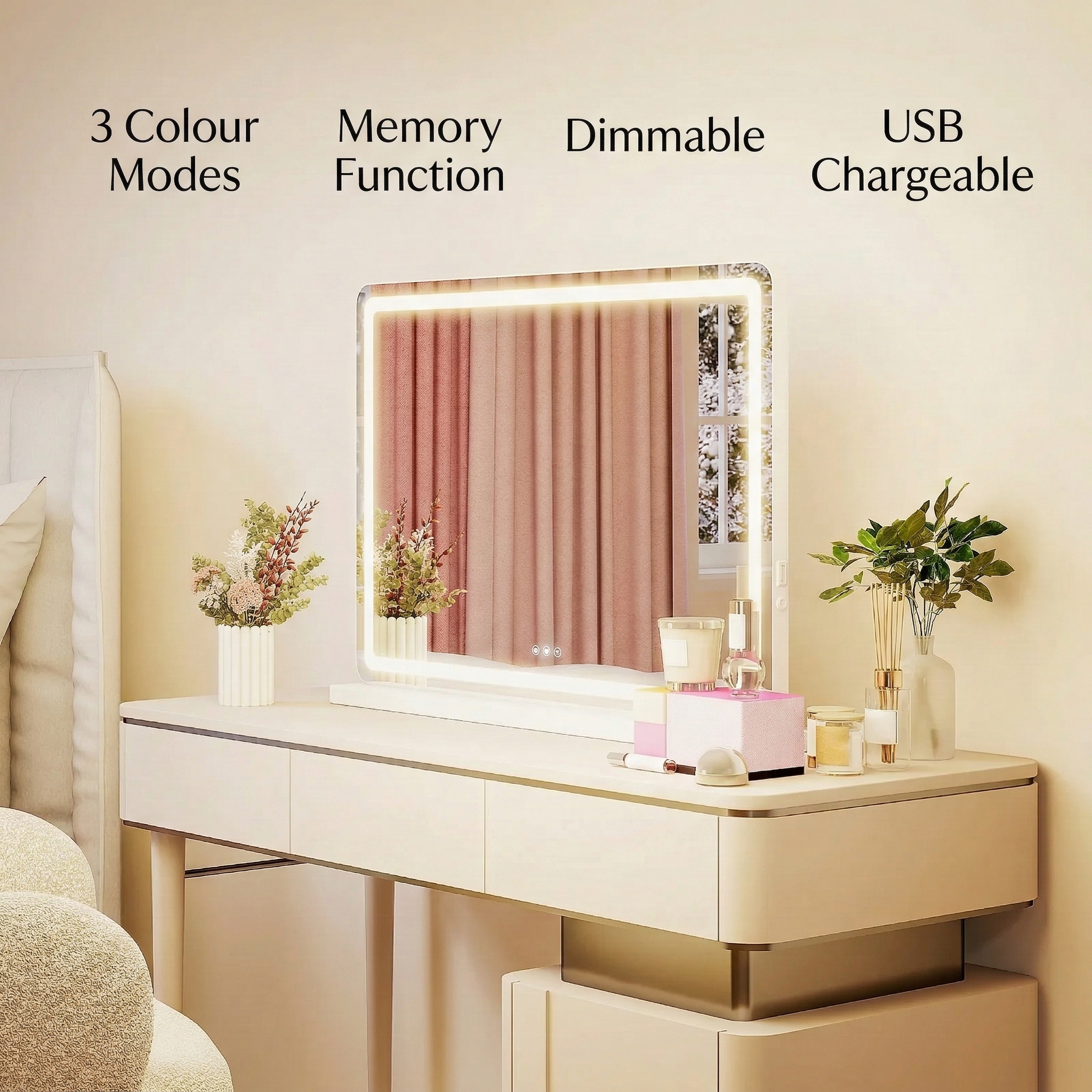 Freyza - Elegant LED Vanity Mirror with Dimmable Lighting & USB Charging | Adjustable Brightness for Flawless Makeup
