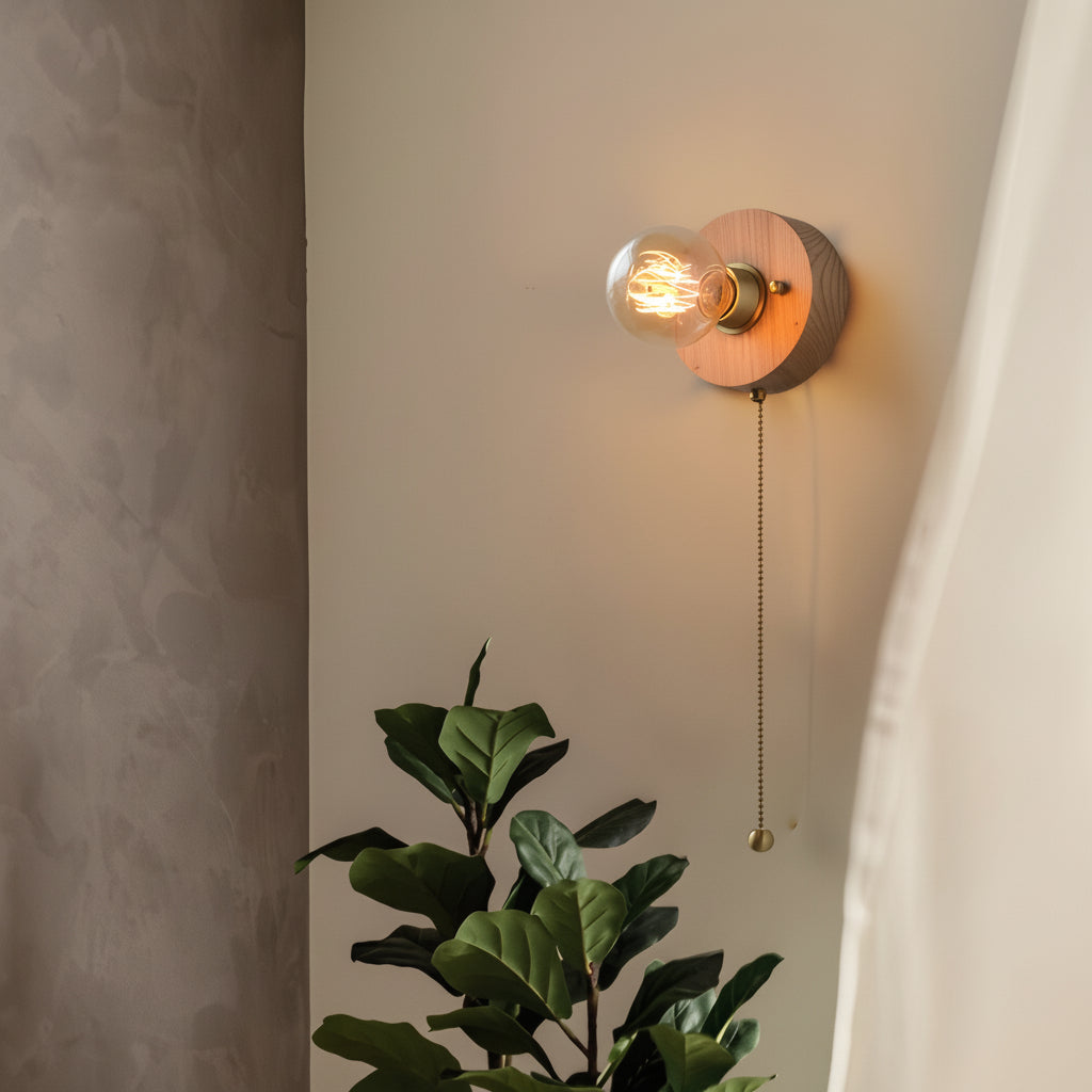 Freyza - Mid-Century Walnussholz Wandleuchte – Vintage Nachttisch-Wandlampe mit Zugkette (E27)