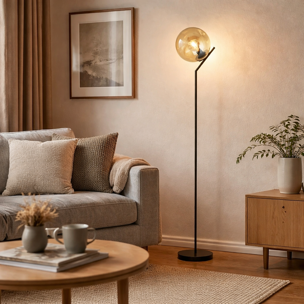 Freyza – Black Metal & Champagne Punched Glass Floor Lamp | Indoor Lighting with Fabric Diffuser and Adjustable Height