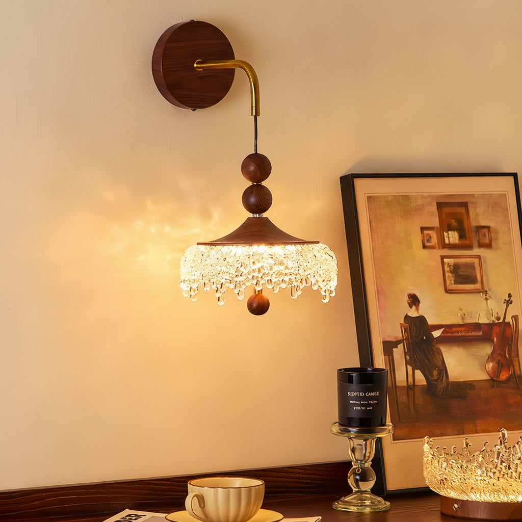 Freyza - LED Wall Sconce Light – Vintage Retro Walnut Glass Water Drop (25x20cm / 9.8x7.9in)