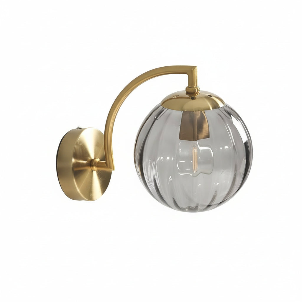 Freyza - LED Wall Sconce Light – Modern Curved Arm Ribbed Glass Globe (26x15cm / 10.2x5.9in)