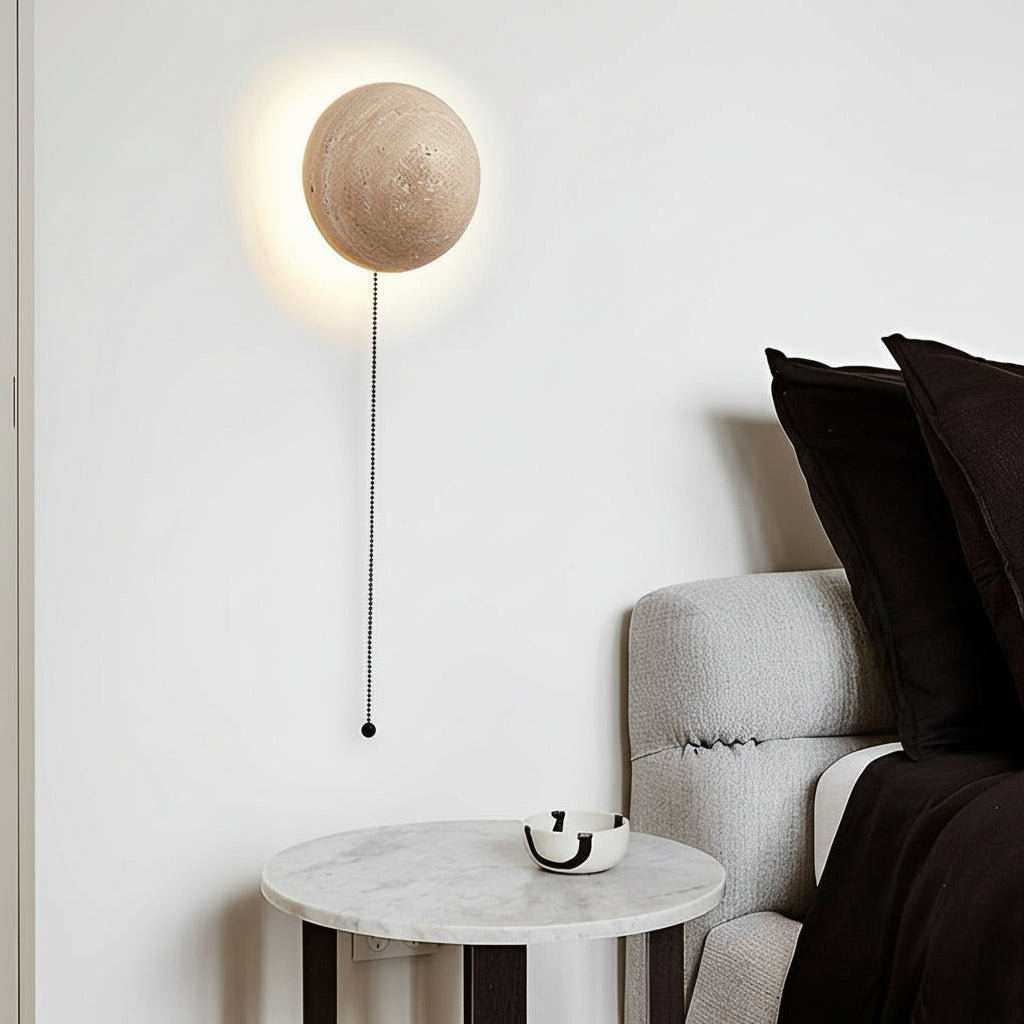 Freyza - Travertine Stone Wall Sconce – Japanese Wabi-Sabi Round LED Wall Lamp (15W, Warm White)