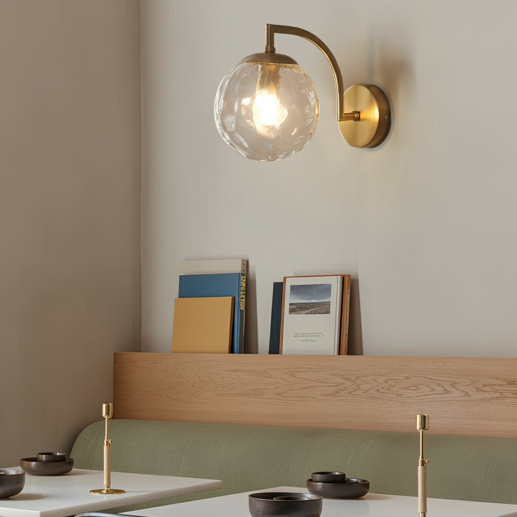 Freyza - LED Wall Sconce Light – Modern Curved Arm Ribbed Glass Globe (26x15cm / 10.2x5.9in)