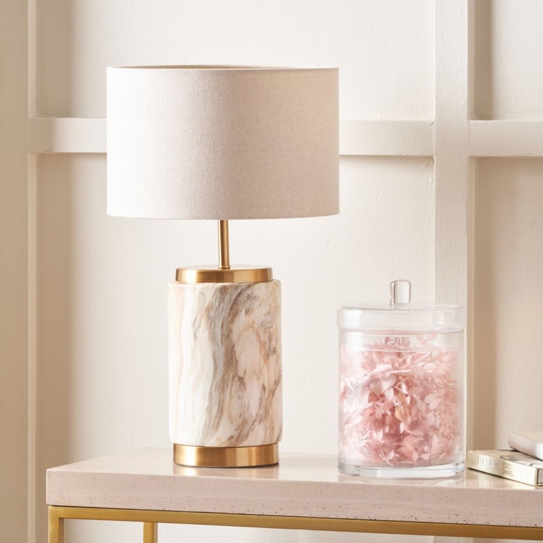 Freyza –  Marble Effect Ceramic Table Lamp | White Marble-Style Base with Gold Metal Detail and Fabric Shade