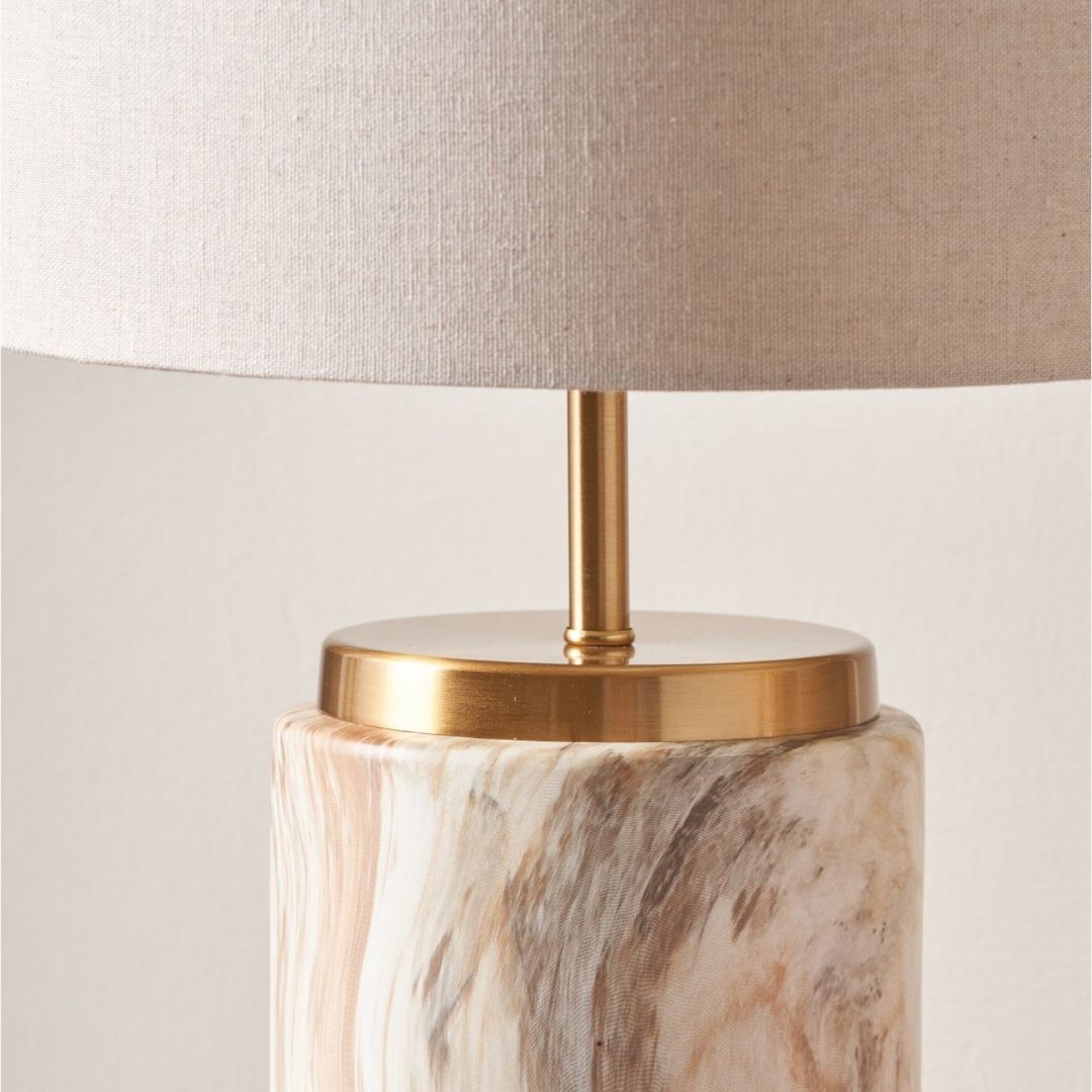 Freyza –  Marble Effect Ceramic Table Lamp | White Marble-Style Base with Gold Metal Detail and Fabric Shade