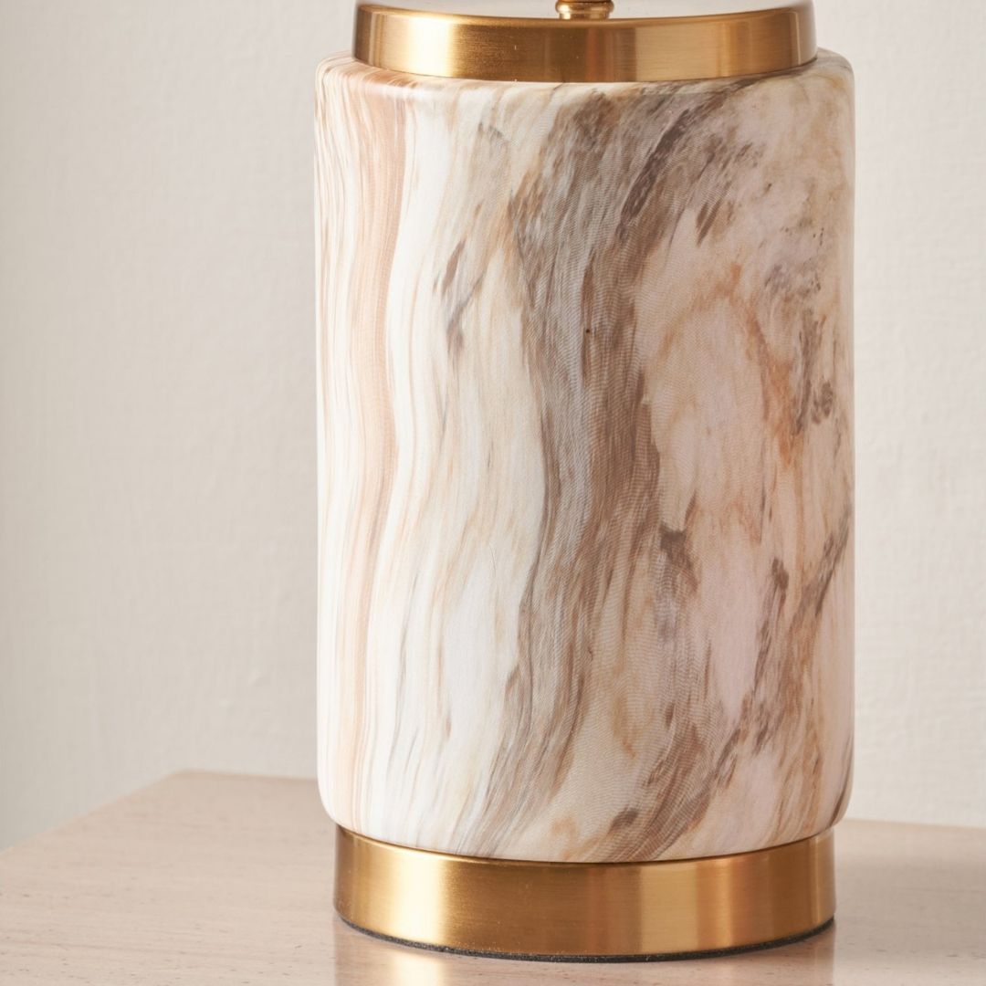 Freyza –  Marble Effect Ceramic Table Lamp | White Marble-Style Base with Gold Metal Detail and Fabric Shade