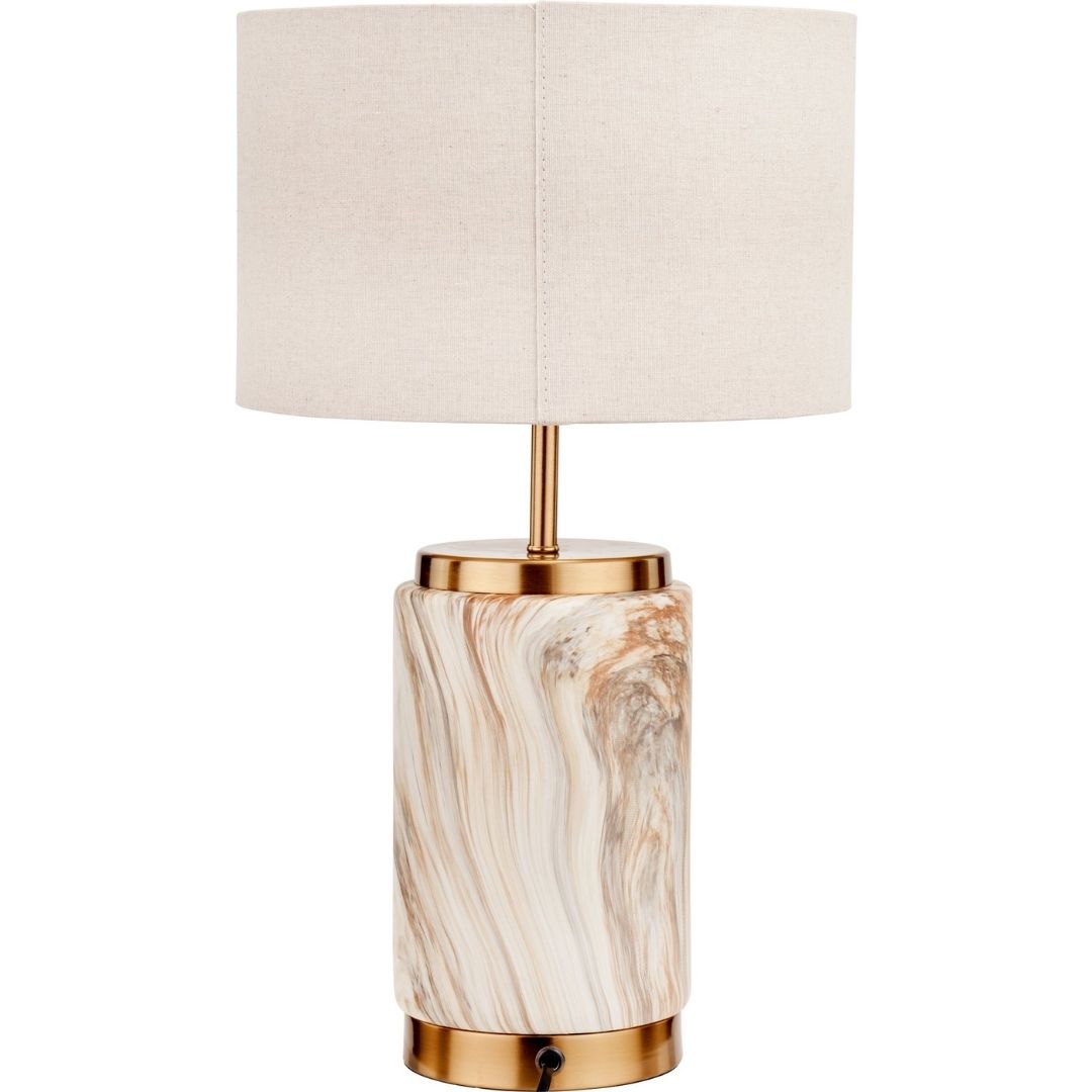 Freyza –  Marble Effect Ceramic Table Lamp | White Marble-Style Base with Gold Metal Detail and Fabric Shade