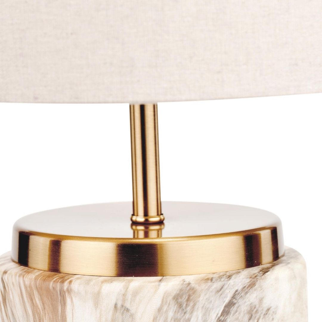 Freyza –  Marble Effect Ceramic Table Lamp | White Marble-Style Base with Gold Metal Detail and Fabric Shade