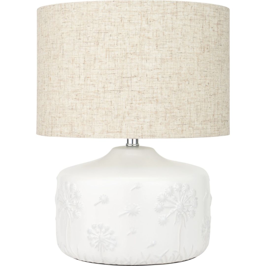Freyza - Floral Ceramic Table Lamp | Small White Moulded Base with Intricate Detailing | Charming Accent Light with Natural Cotton Drum Shade
