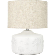Freyza - Floral Ceramic Table Lamp | Small White Moulded Base with Intricate Detailing | Charming Accent Light with Natural Cotton Drum Shade