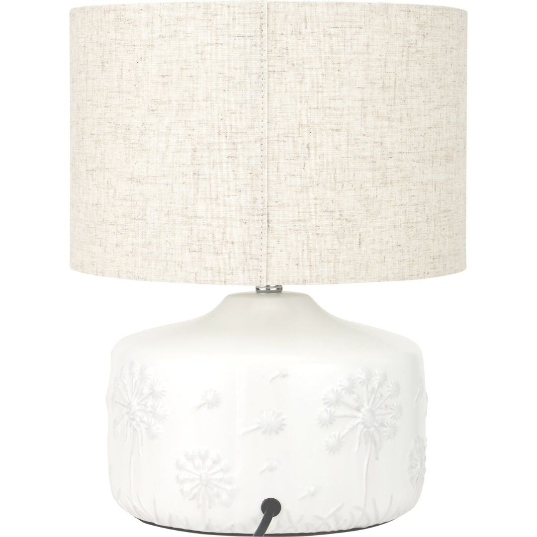 Freyza - Floral Ceramic Table Lamp | Small White Moulded Base with Intricate Detailing | Charming Accent Light with Natural Cotton Drum Shade