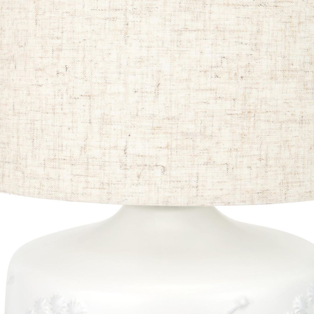 Freyza - Floral Ceramic Table Lamp | Small White Moulded Base with Intricate Detailing | Charming Accent Light with Natural Cotton Drum Shade