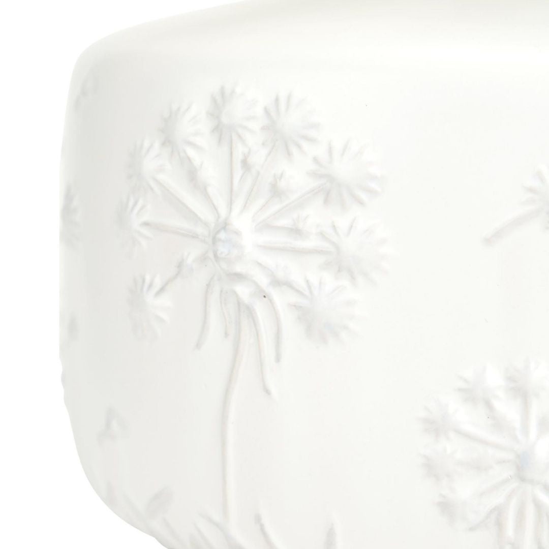 Freyza - Floral Ceramic Table Lamp | Small White Moulded Base with Intricate Detailing | Charming Accent Light with Natural Cotton Drum Shade