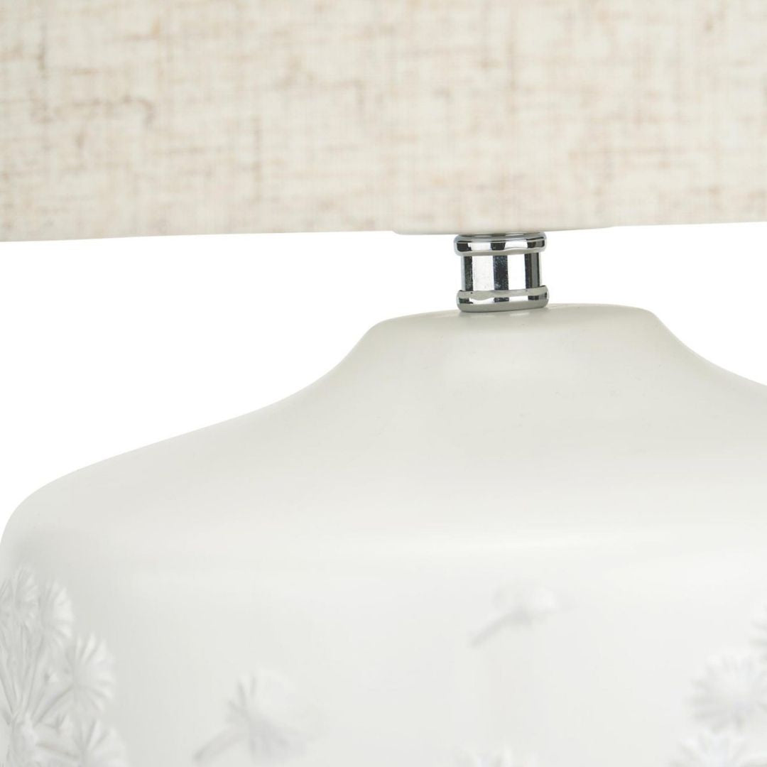 Freyza - Floral Ceramic Table Lamp | Small White Moulded Base with Intricate Detailing | Charming Accent Light with Natural Cotton Drum Shade