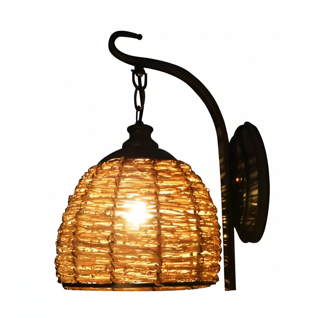 Freyza - LED Wall Sconce Light – Boho Hand-Woven Rattan Iron (33x20cm / 13.0x8.0in)