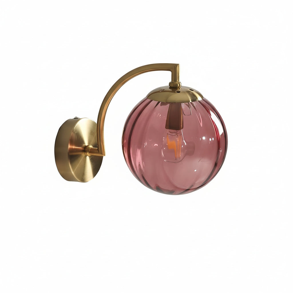 Freyza - LED Wall Sconce Light – Modern Curved Arm Ribbed Glass Globe (26x15cm / 10.2x5.9in)
